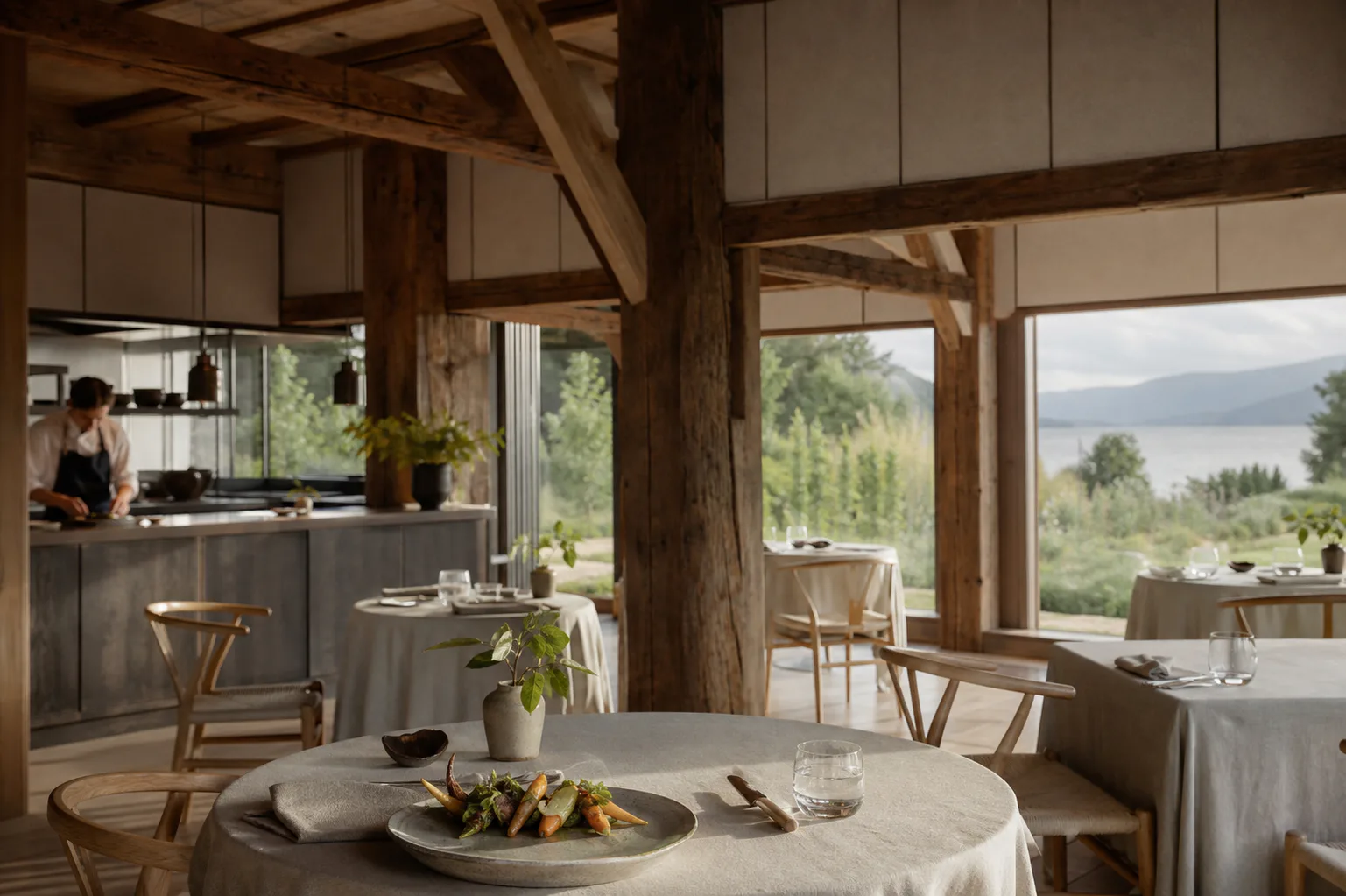 The dining room at Cimaise beneath the original hayloft beams, tables lit low at dusk.