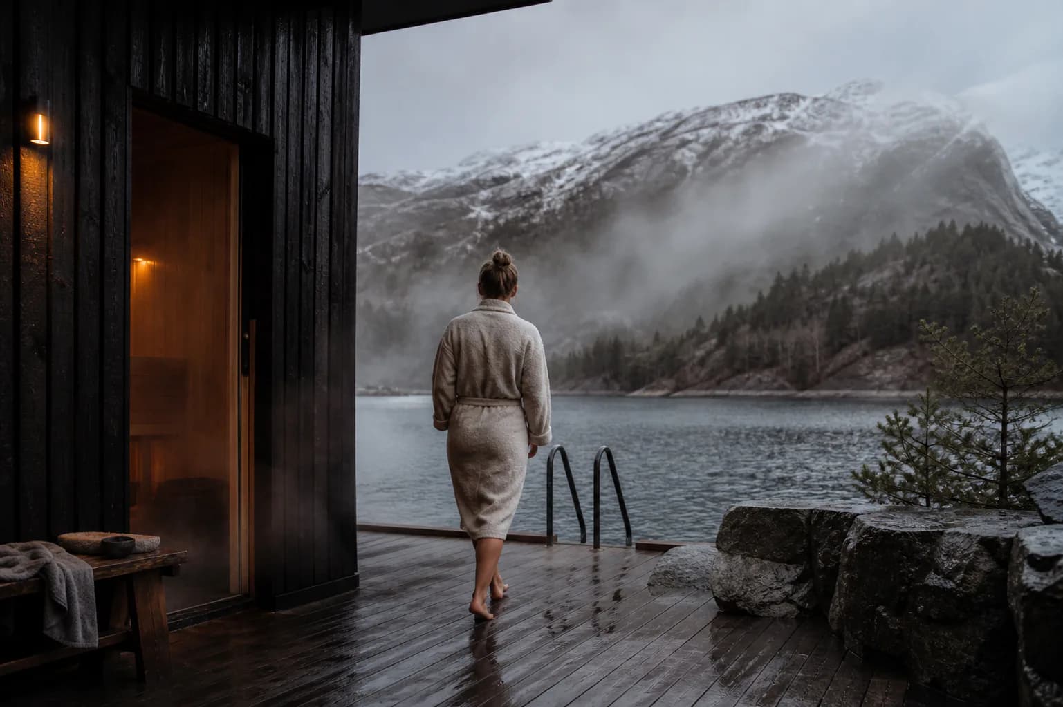 A guest leaving the warm Lindhavn sauna for the cold-water ladder into the fjord.