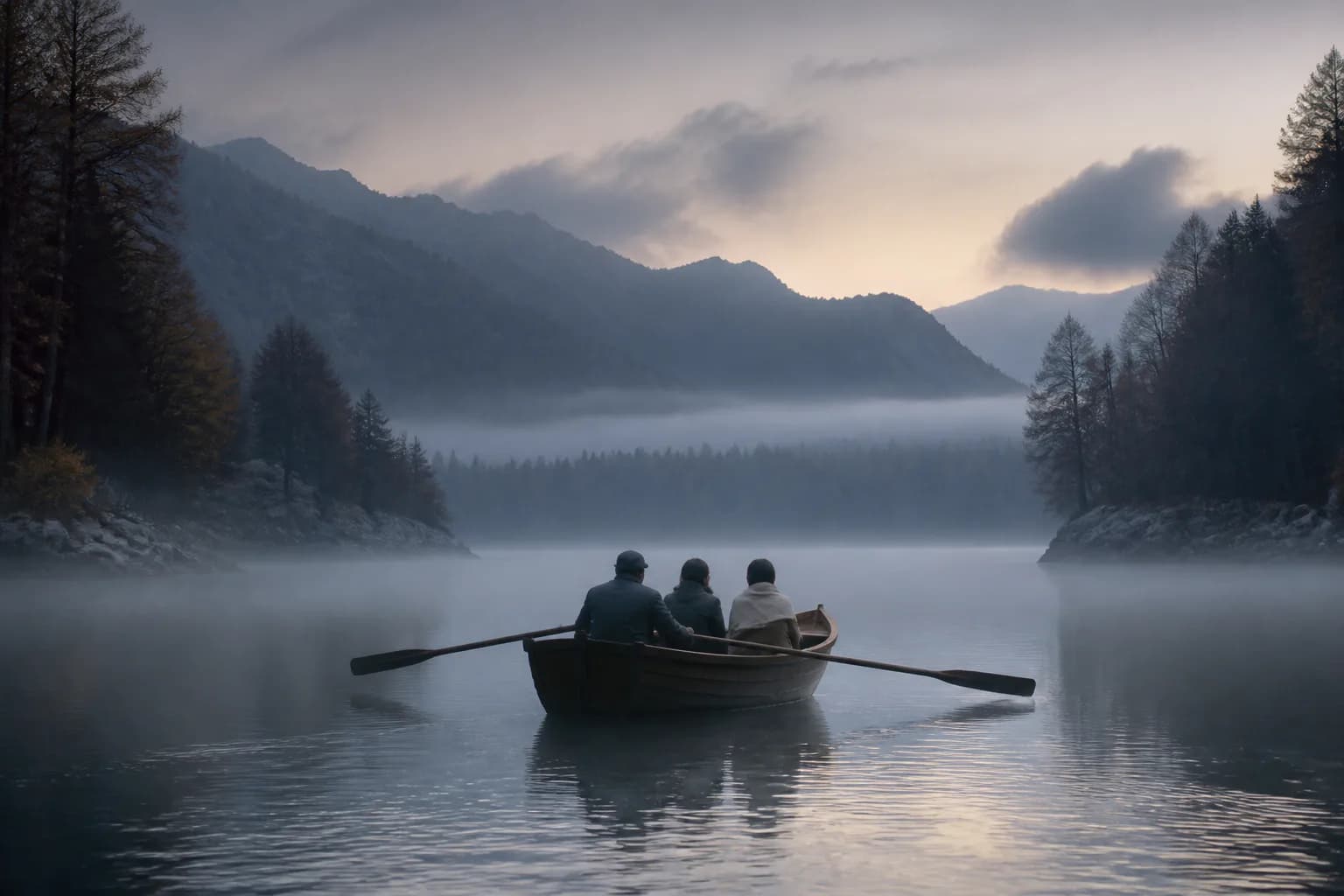 A wooden rowing boat crossing flat water on Lake Verane before sunrise.