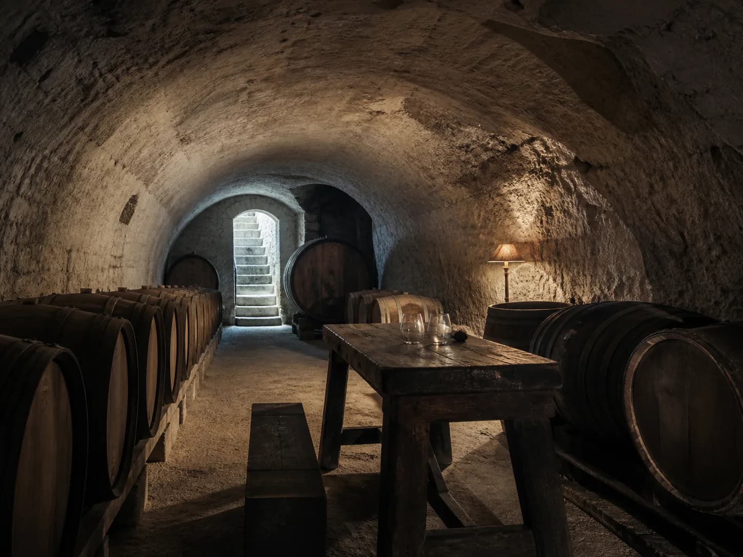 Barrels in the chalk cellar at Maison Aubris lit by a single low bulb.