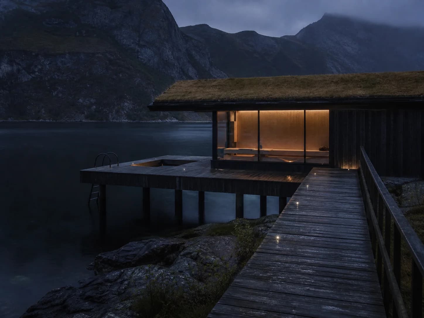 The bathhouse at Sérène Lindhavn standing on piles over black fjord water in blue light.
