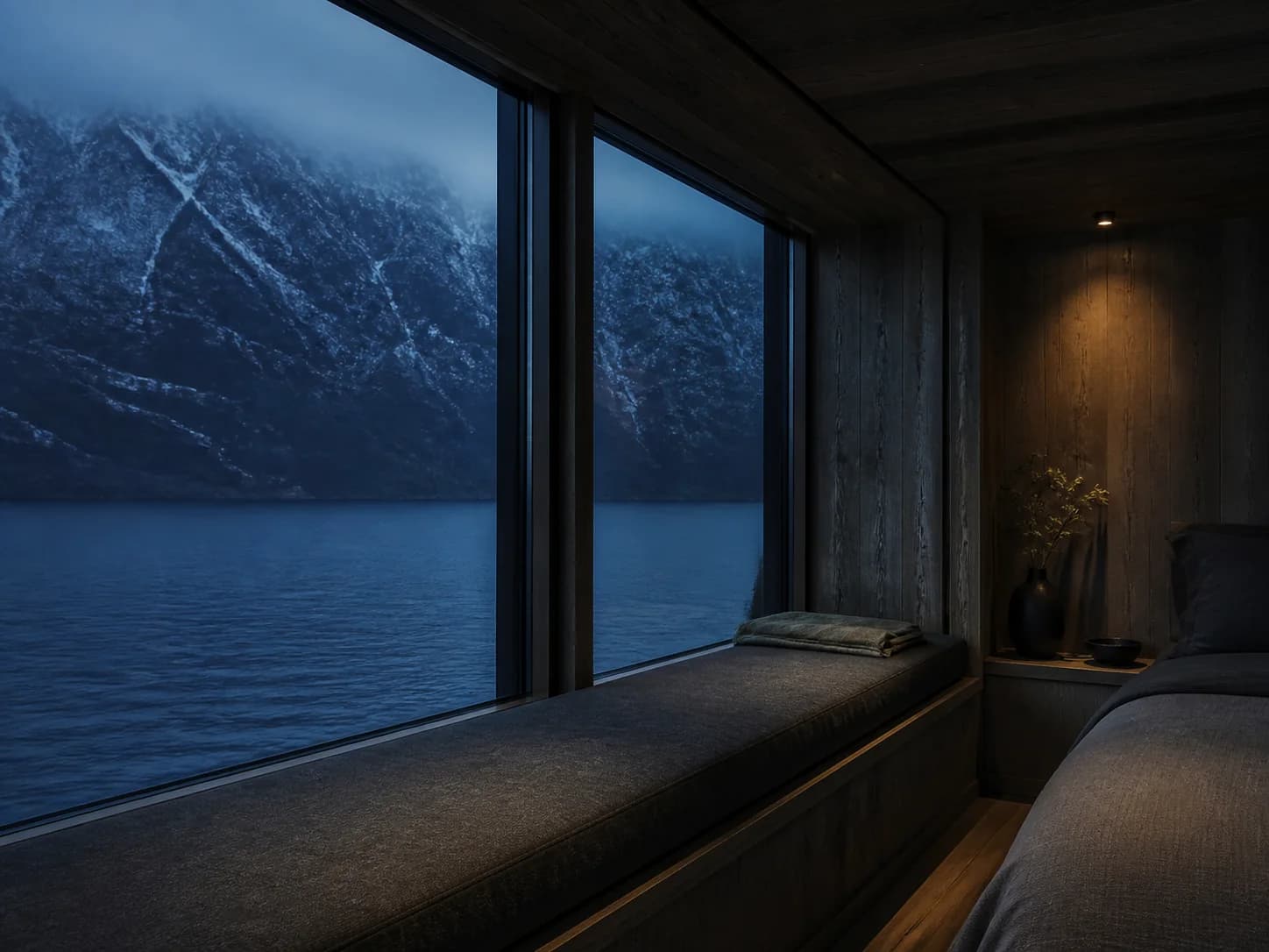 A Fjord Room at Montreval Lindhavn, its window seat looking out over the water in blue light.