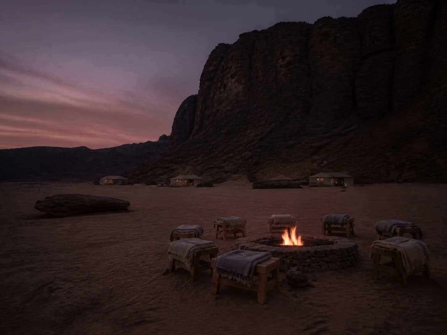 Dawn over the Sabaia sands, the escarpment still in shadow.