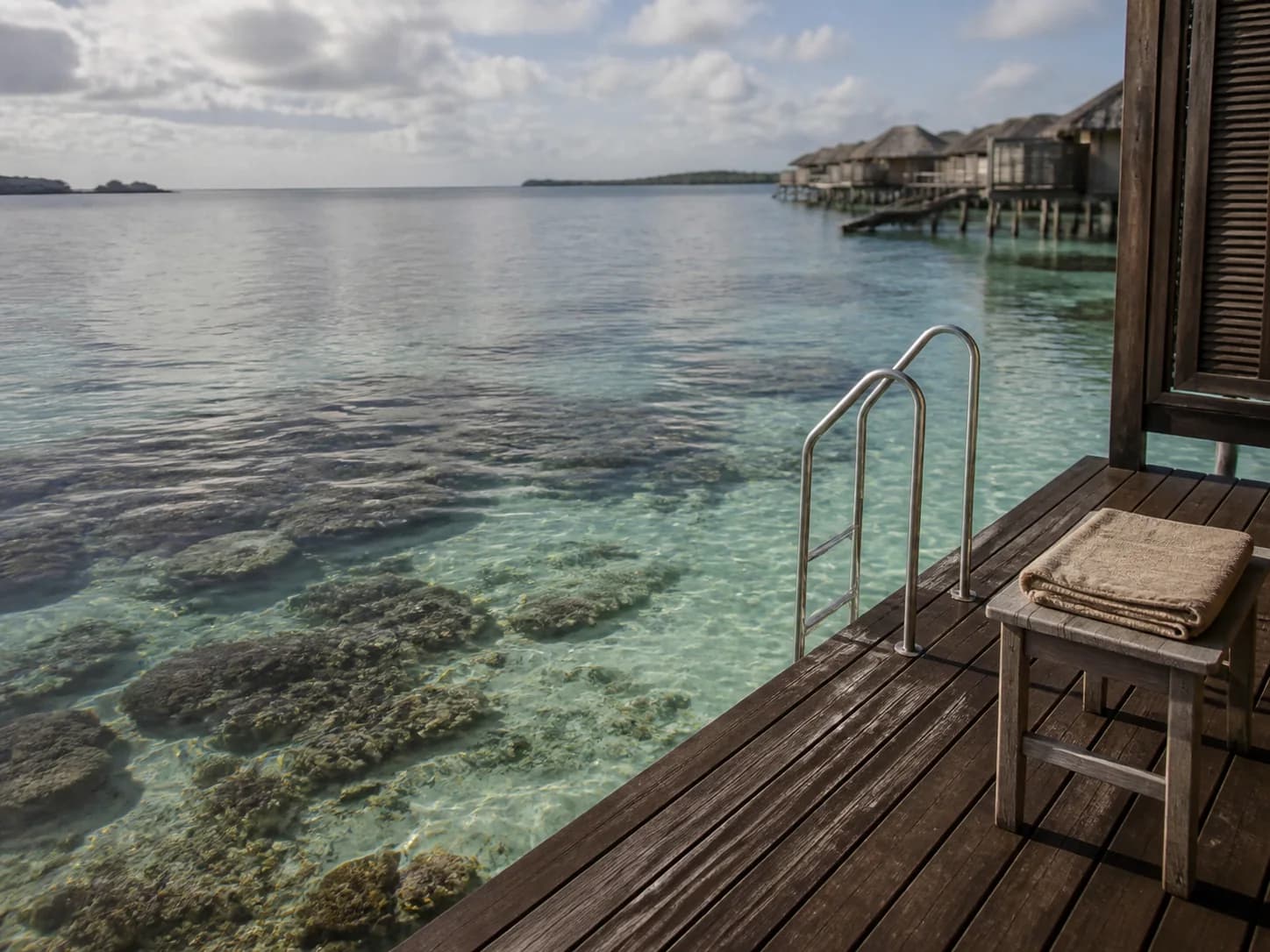A ladder from a Tamerin villa deck into clear shallow lagoon water.