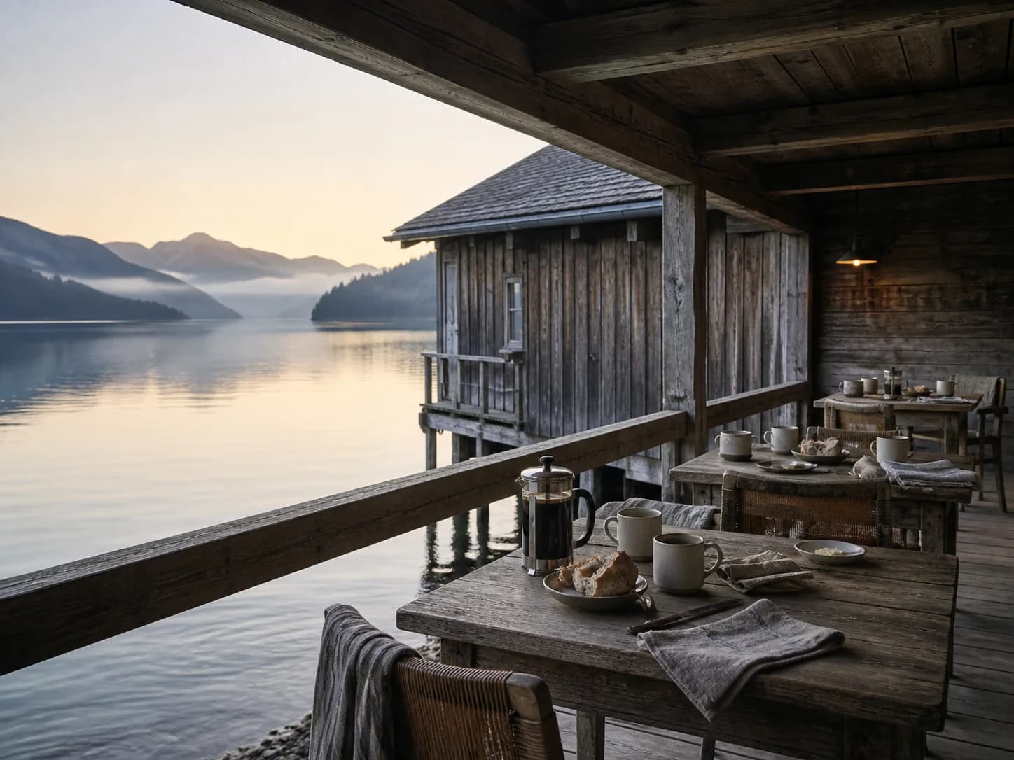The boathouse terrace at Montreval Verane set for breakfast in early light.