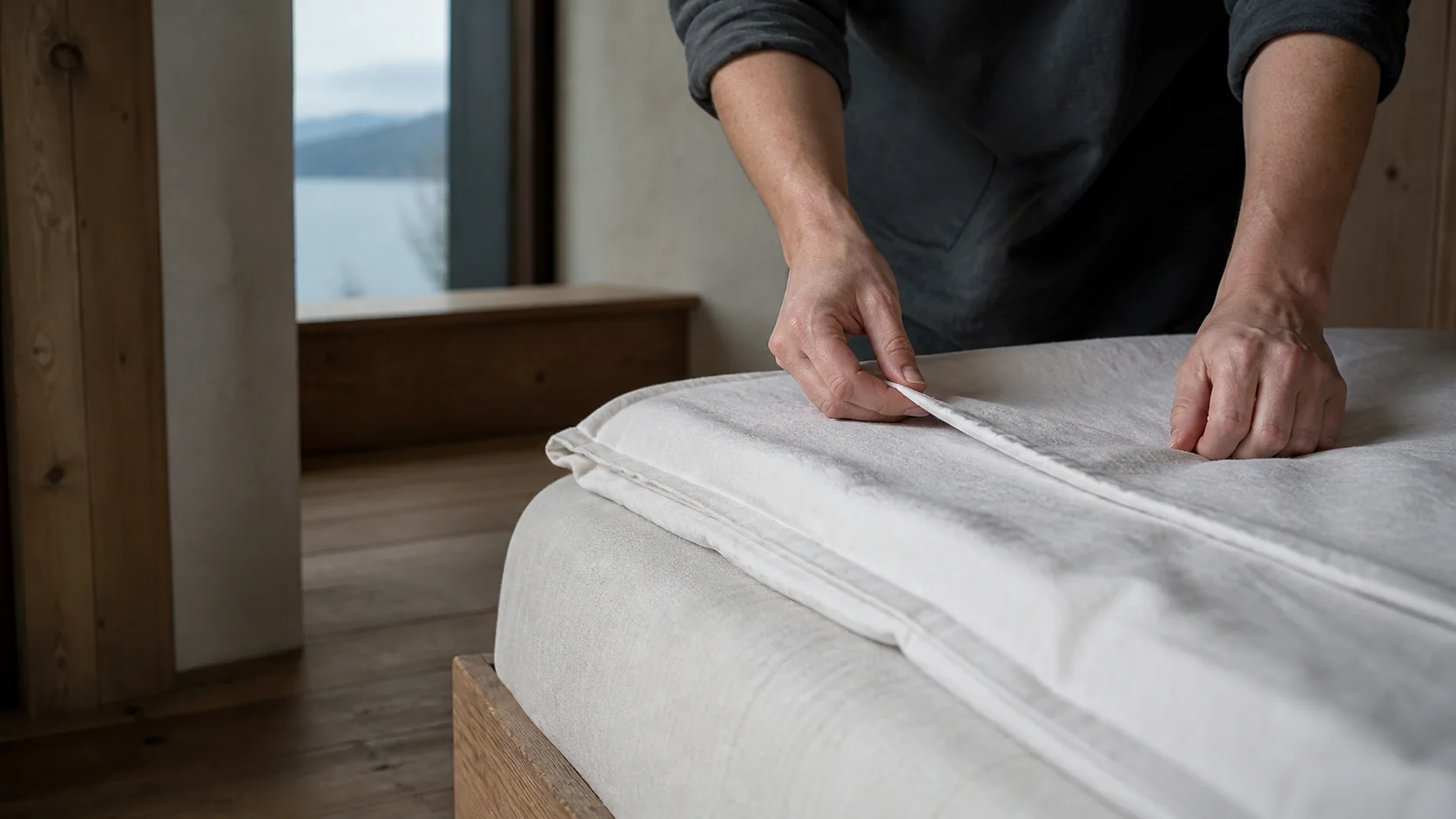 Pressed linen folded on a housekeeping trolley in a corridor at Montreval Verane.