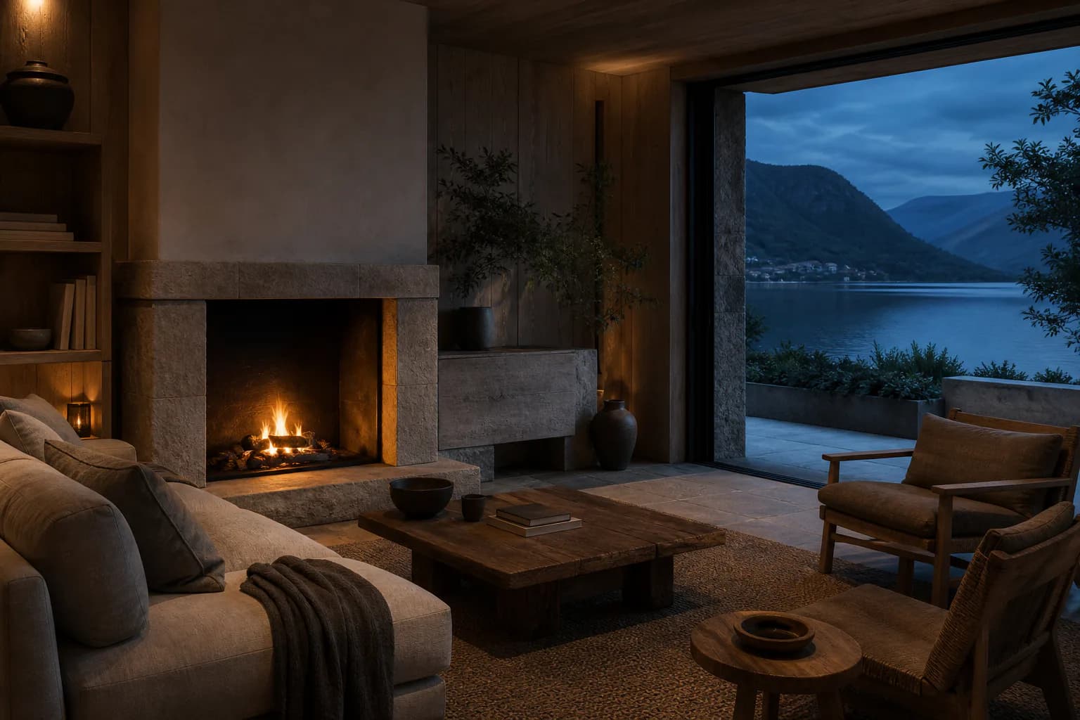 The sitting room of a Lake Suite at Montreval Verane with its fire lit at dusk.