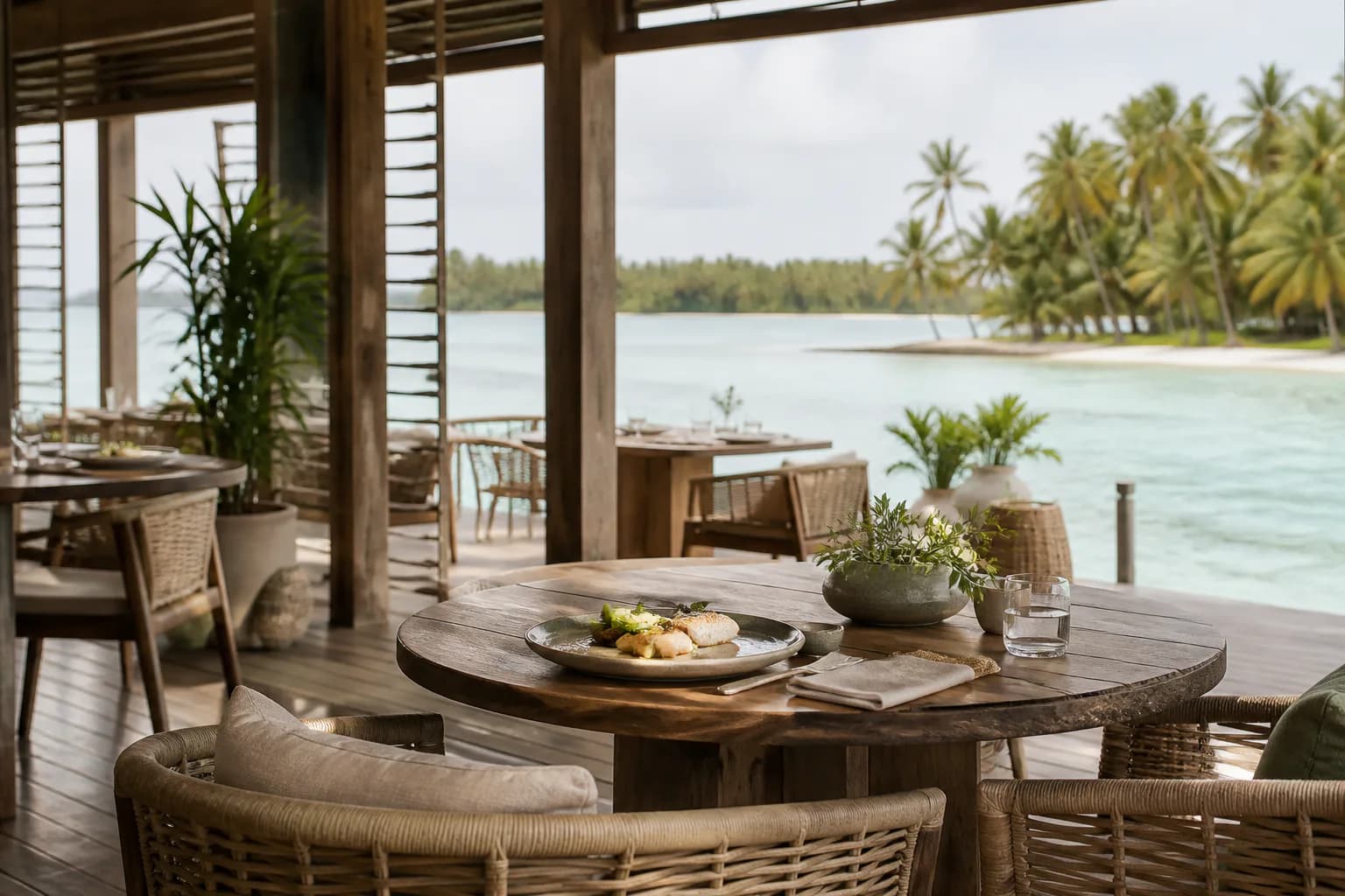 The open-sided dining room at Hali standing over the shallows of the Tamerin lagoon.