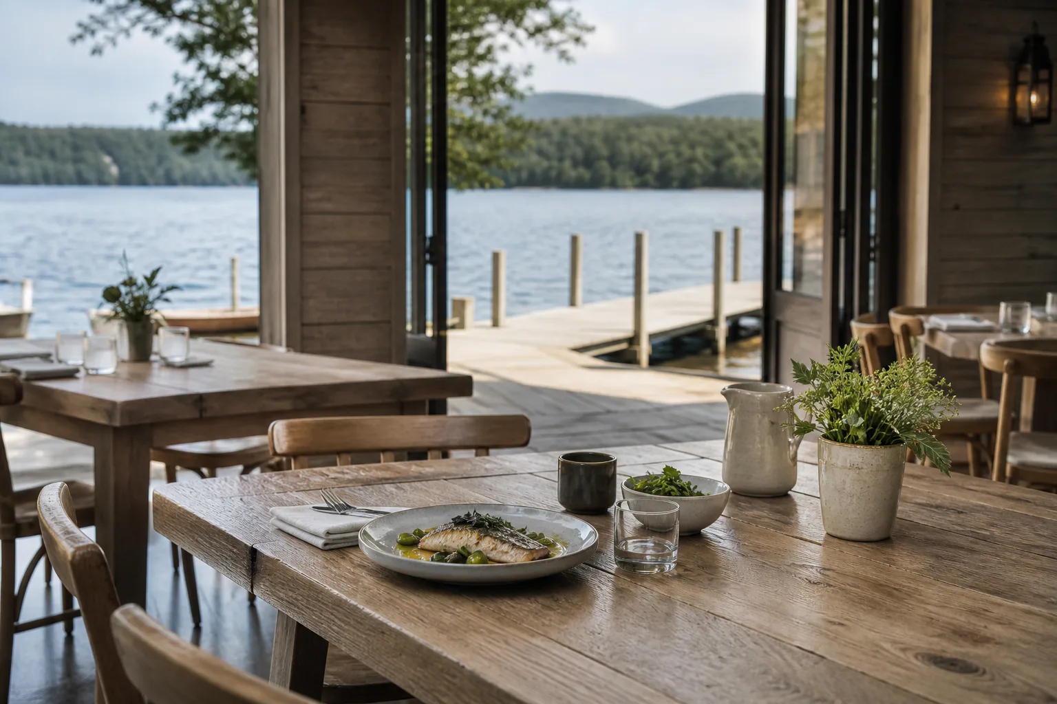 The boathouse deck at Le Batelier set for lunch above the surface of Lake Verane.