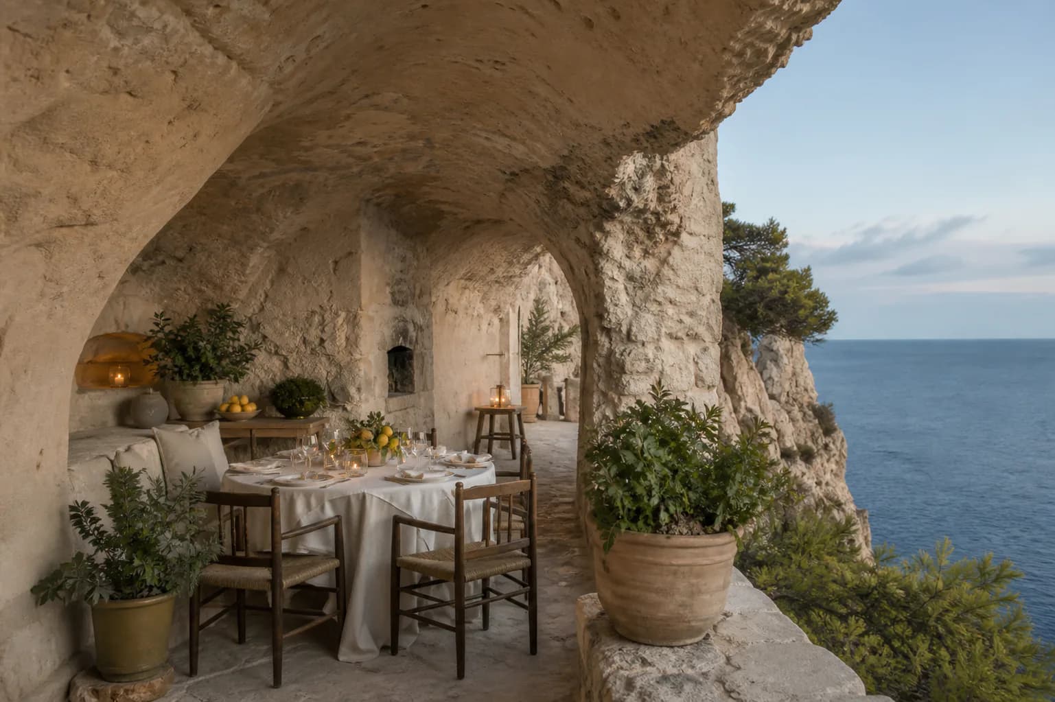 A table set beneath the stone vault at Marena, the Calanera sea beyond.