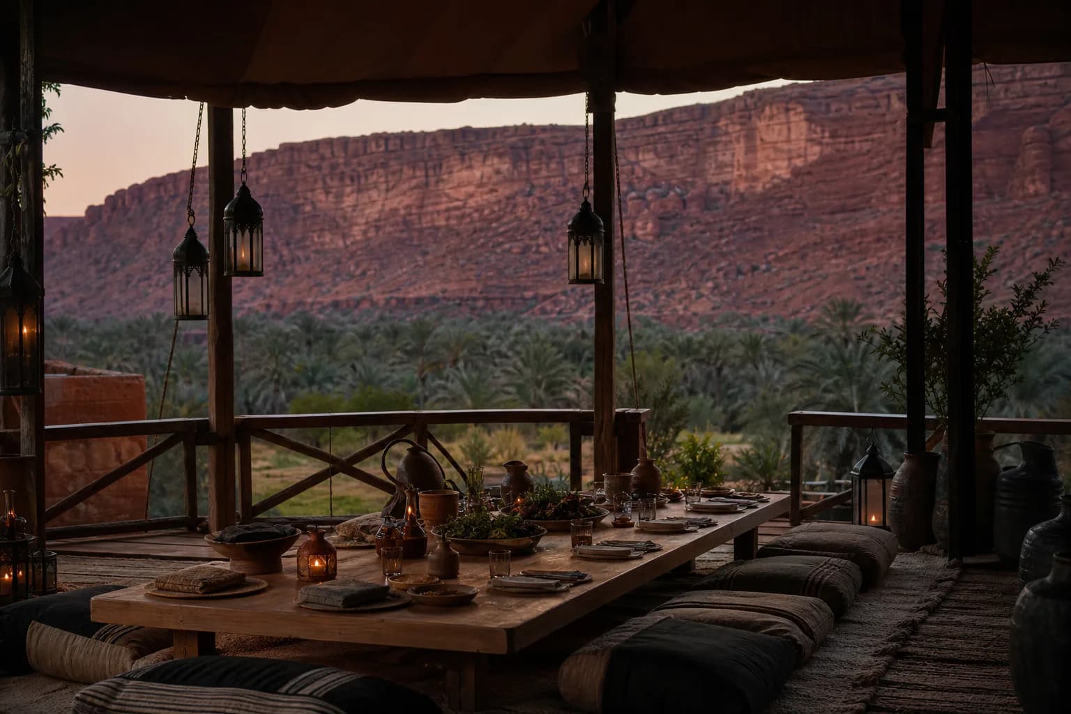 The dining tent at Nour opened toward the escarpment, lit by fire and lanterns.