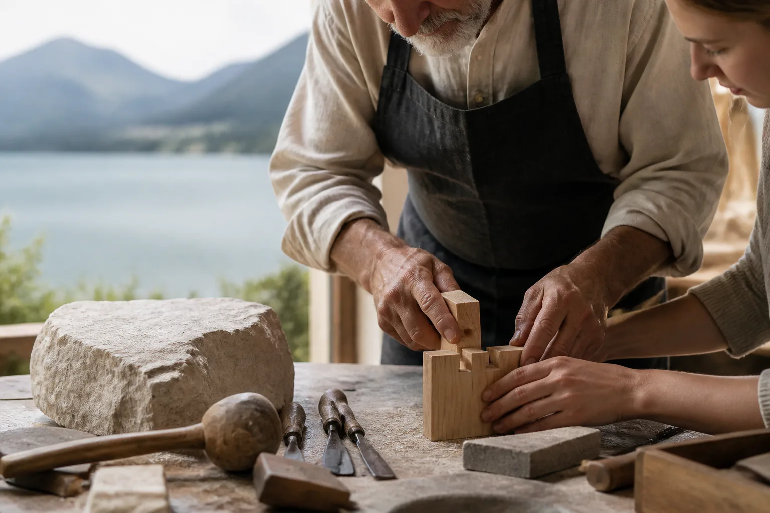 An artisan and guest fitting a larch joint beside local limestone in the Verane workshop.