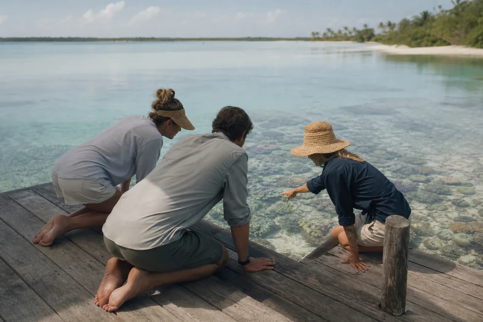 A marine naturalist showing two guests coral beneath the clear Tamerin lagoon.