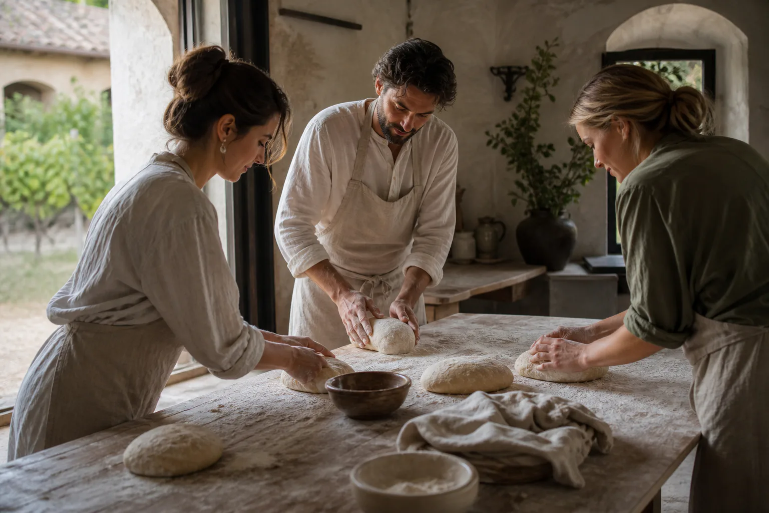 A baker and two guests shaping loaves around a floured oak table at Maison Aubris.