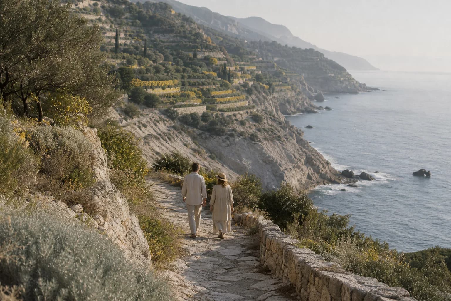 Two guests walking the old salt path above the Calanera coast in early light.
