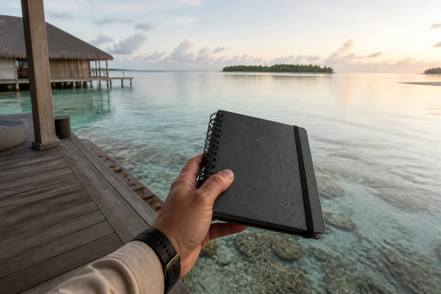 A marine field notebook held above the shallow Tamerin reef at first light.