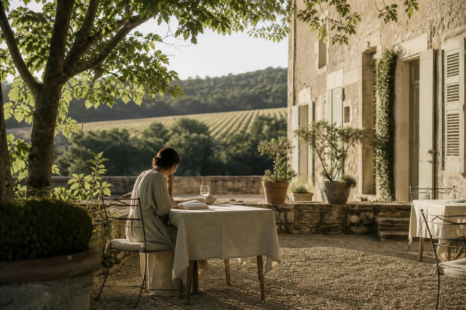 A guest reading alone in the Aubris courtyard during a long late afternoon.