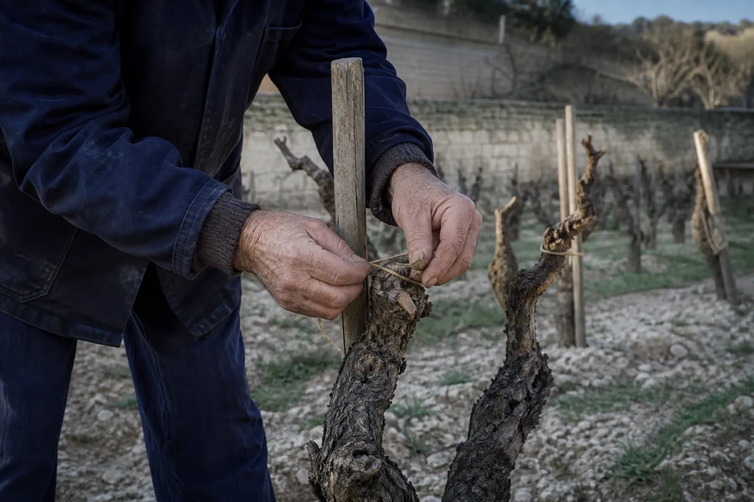 A viticulturist tying a gnarled heritage vine to its stake at Maison Aubris.