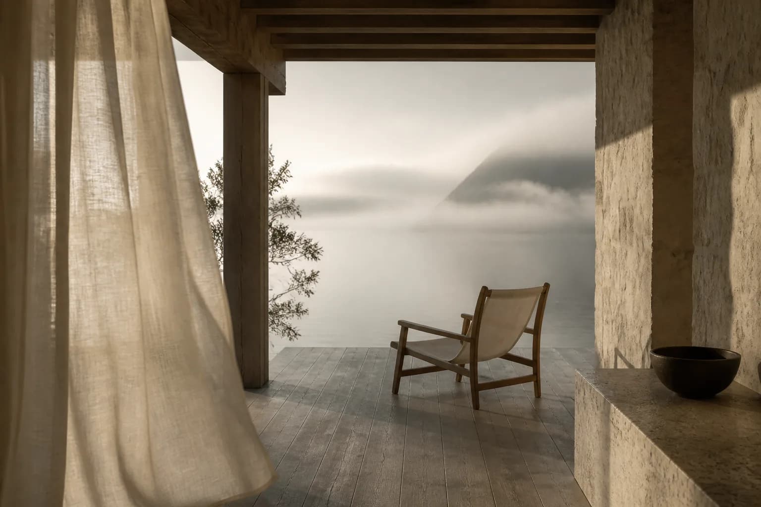An empty reading room at Montreval Verane in late afternoon light, one chair by the window.