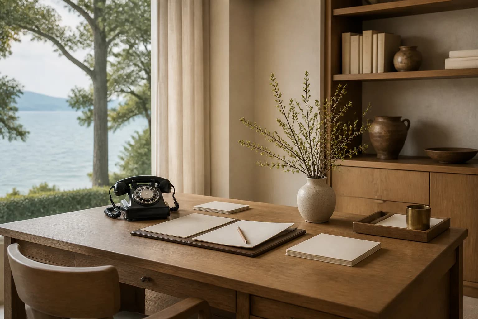 A reservations writing desk at Montreval Verane overlooking the lake.