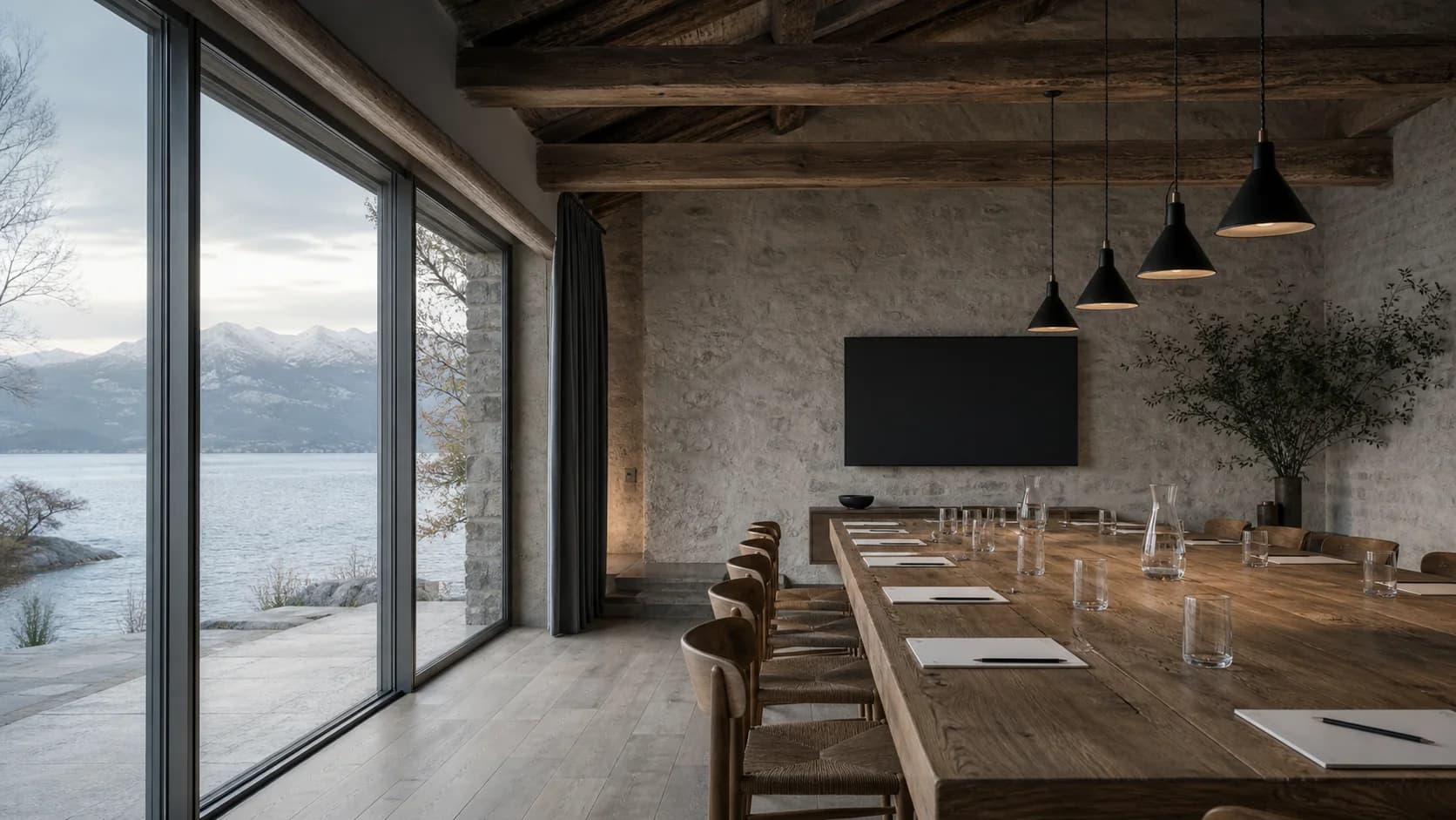 The Hayloft at Montreval Verane set for a working session beside the lake.