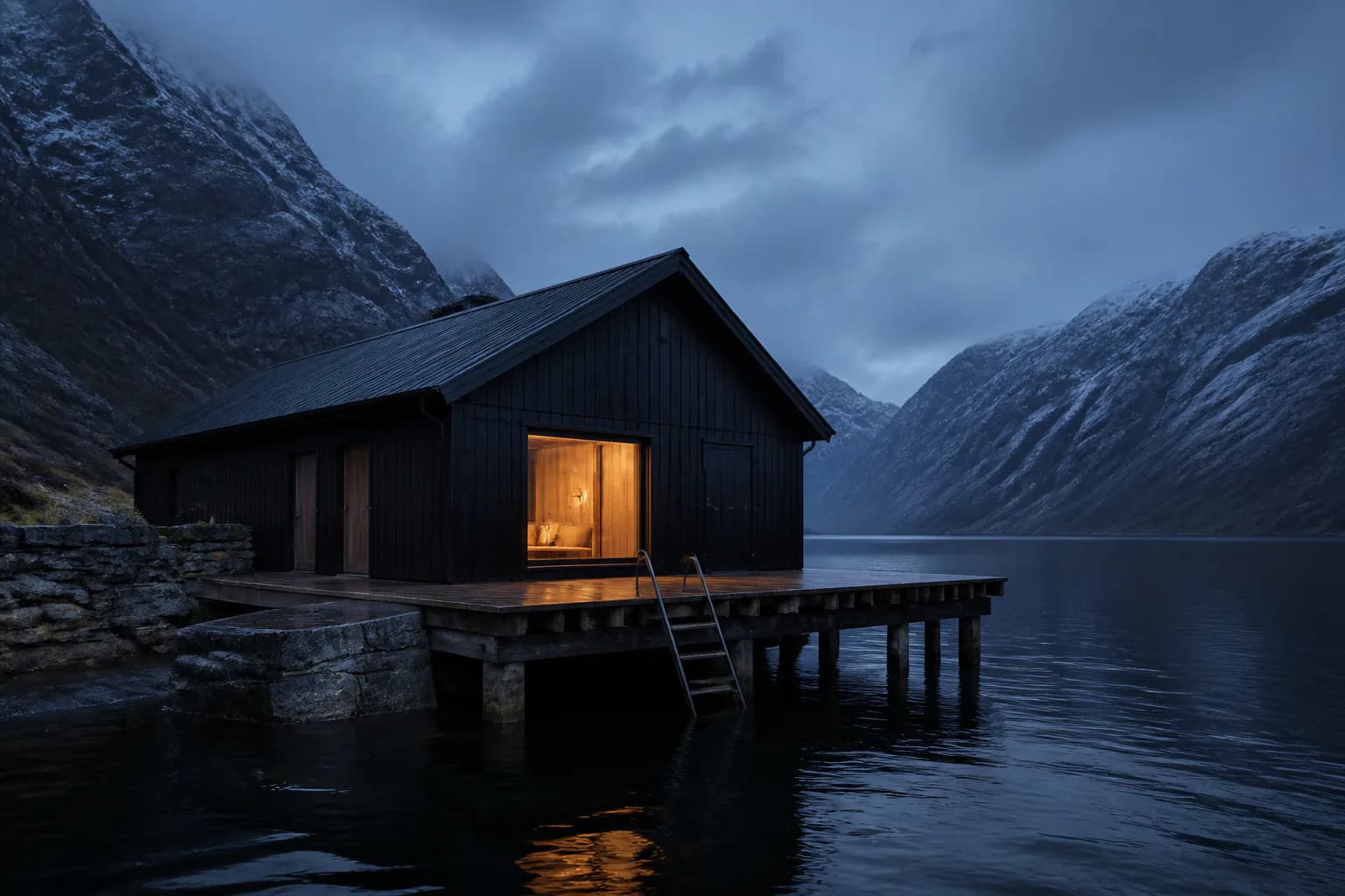 The Boathouse Suite at Montreval Lindhavn standing over black water at blue hour.
