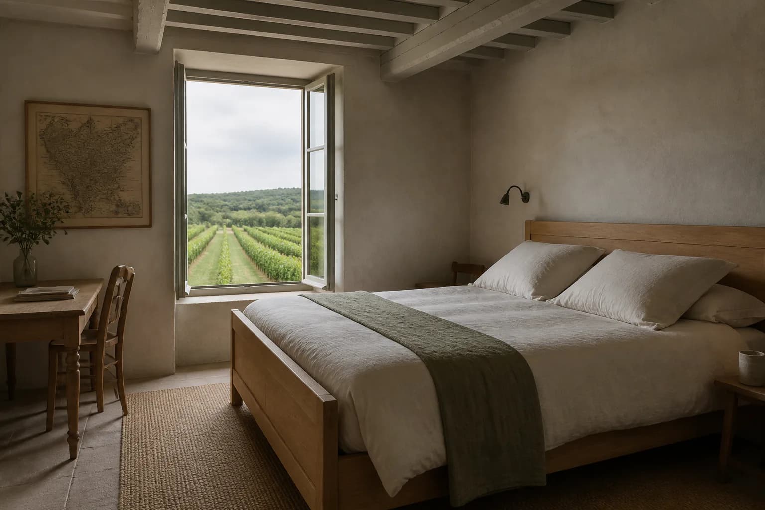 A Vigneron Room at Maison Aubris, chalk-washed walls and a window framing vine rows.